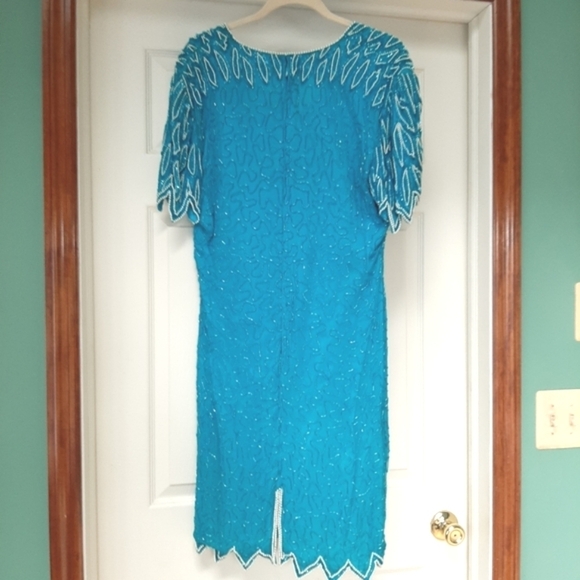 Beaded Midi Lined Dress XL 12-14 Pearl Jawbite Hem Turquoise Aqua Blue ex beads - Picture 4 of 12
